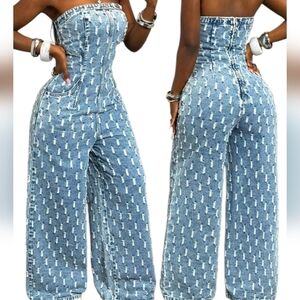 Fashion Nova Blue Denim Strapless Jumpsuit